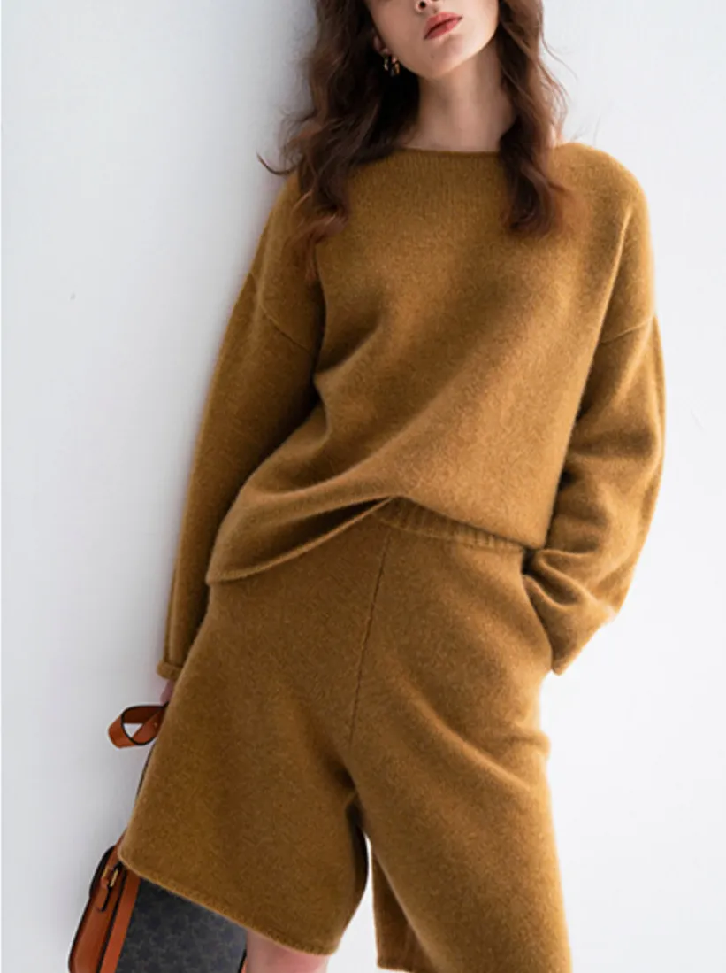 Autumn/Winter Women's Cashmere Thick Shorts Set, Casual and Loose-Fitting, 100% Pure Cashmere Knit Sweater Two-Piece Set