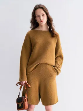 Autumn/Winter Women's Cashmere Thick Shorts Set, Casual and Loose-Fitting, 100% Pure Cashmere Knit Sweater Two-Piece Set