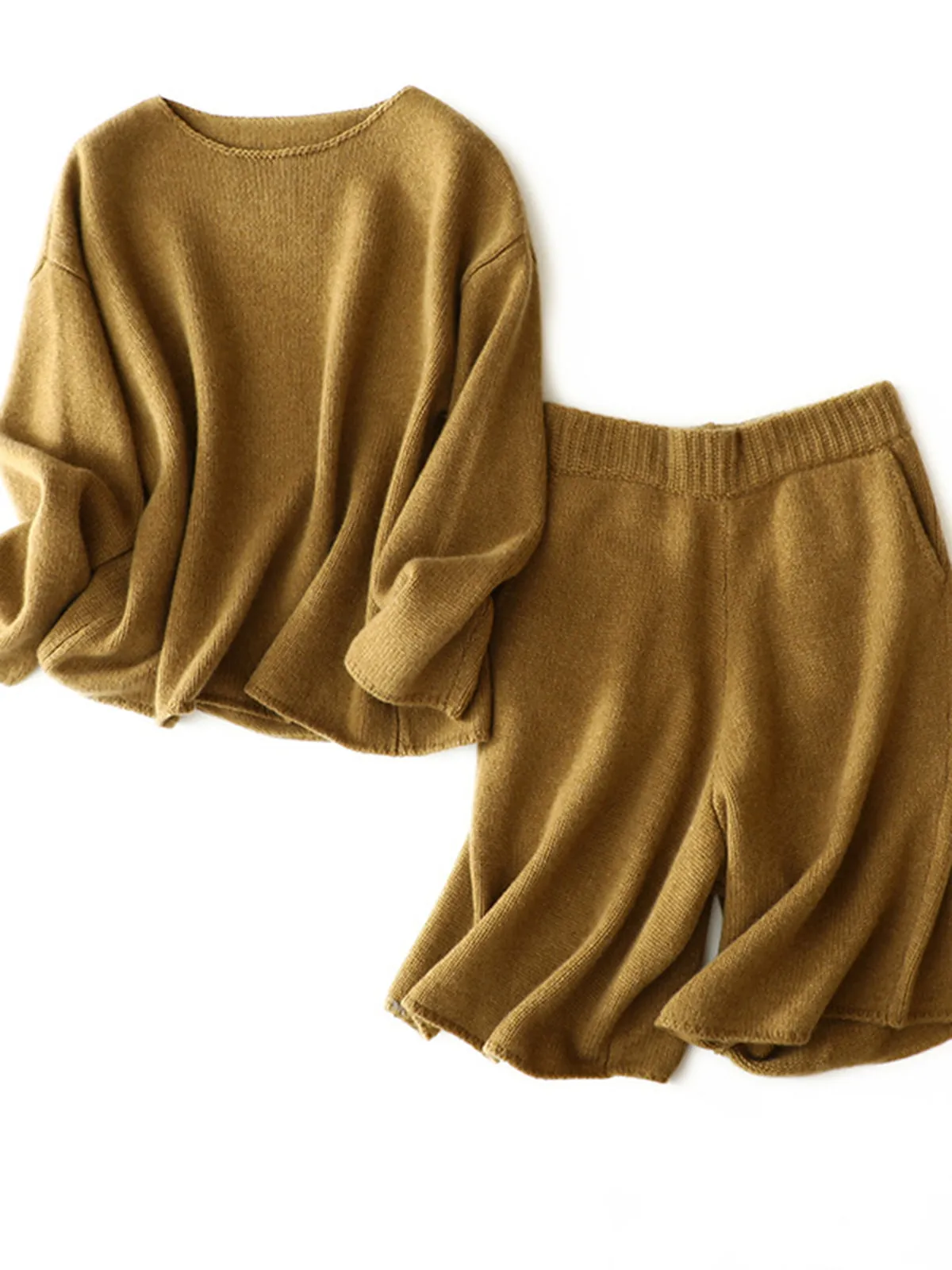 Autumn/Winter Women's Cashmere Thick Shorts Set, Casual and Loose-Fitting, 100% Pure Cashmere Knit Sweater Two-Piece Set