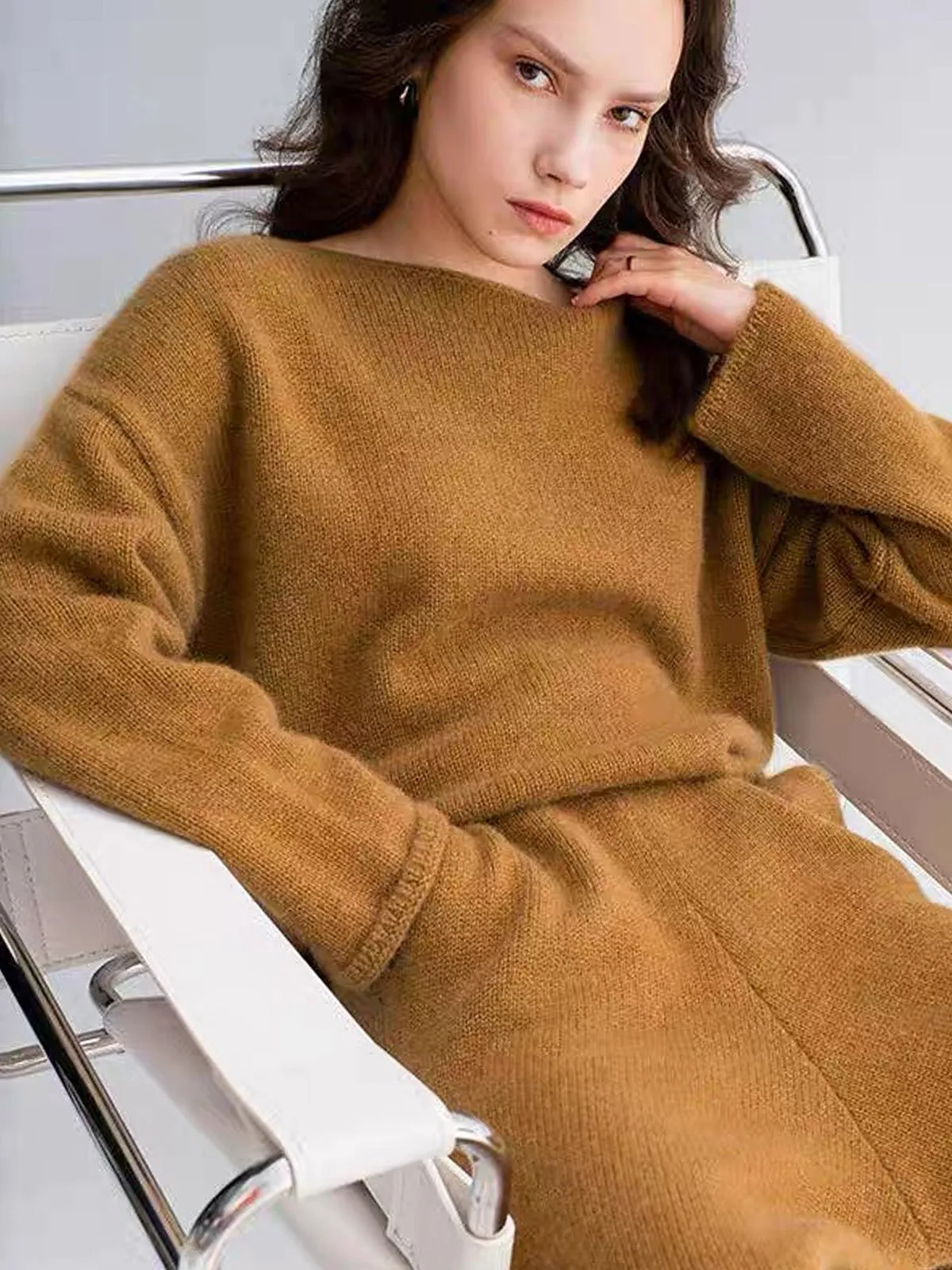 Autumn/Winter Women's Cashmere Thick Shorts Set, Casual and Loose-Fitting, 100% Pure Cashmere Knit Sweater Two-Piece Set