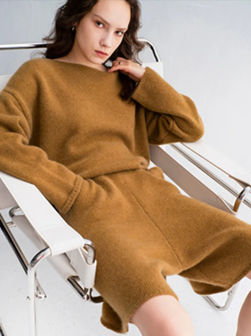 Autumn/Winter Women's Cashmere Thick Shorts Set, Casual and Loose-Fitting, 100% Pure Cashmere Knit Sweater Two-Piece Set