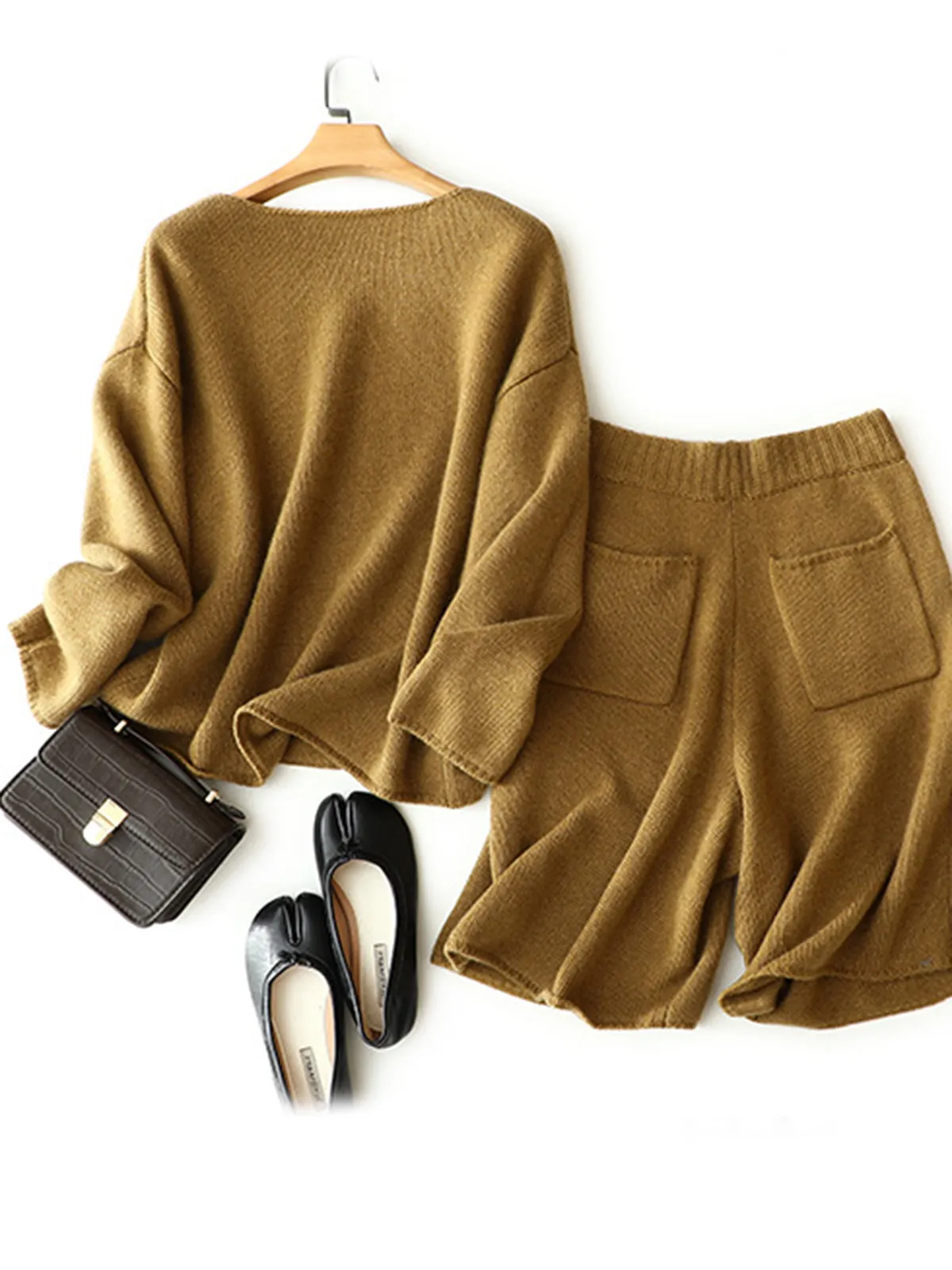 Autumn/Winter Women's Cashmere Thick Shorts Set, Casual and Loose-Fitting, 100% Pure Cashmere Knit Sweater Two-Piece Set