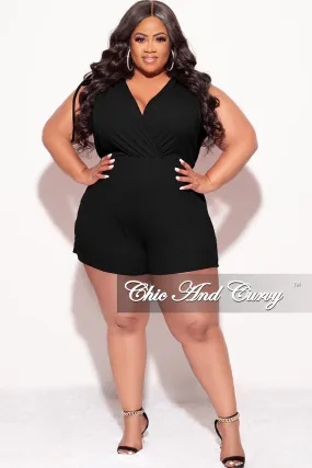 Final Sale Plus Size Ribbed Faux Wrap Romper in Black
