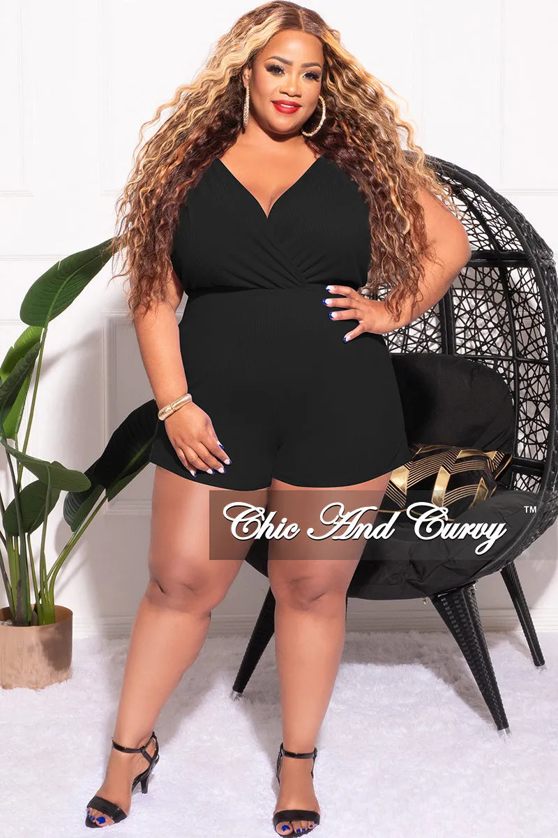 Final Sale Plus Size Ribbed Faux Wrap Romper in Black