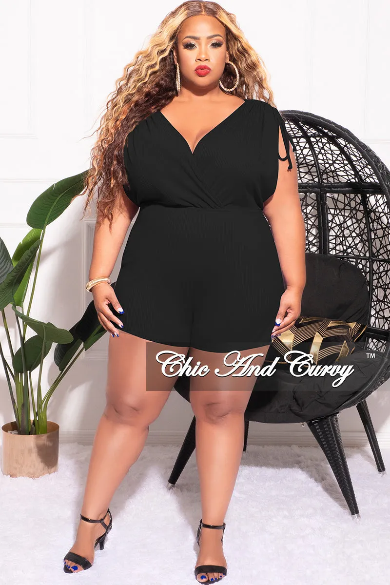 Final Sale Plus Size Ribbed Faux Wrap Romper in Black