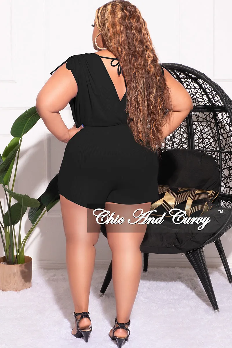 Final Sale Plus Size Ribbed Faux Wrap Romper in Black