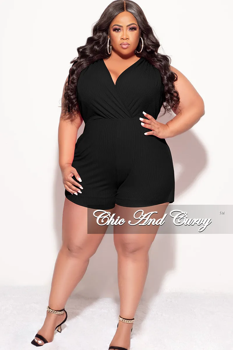 Final Sale Plus Size Ribbed Faux Wrap Romper in Black