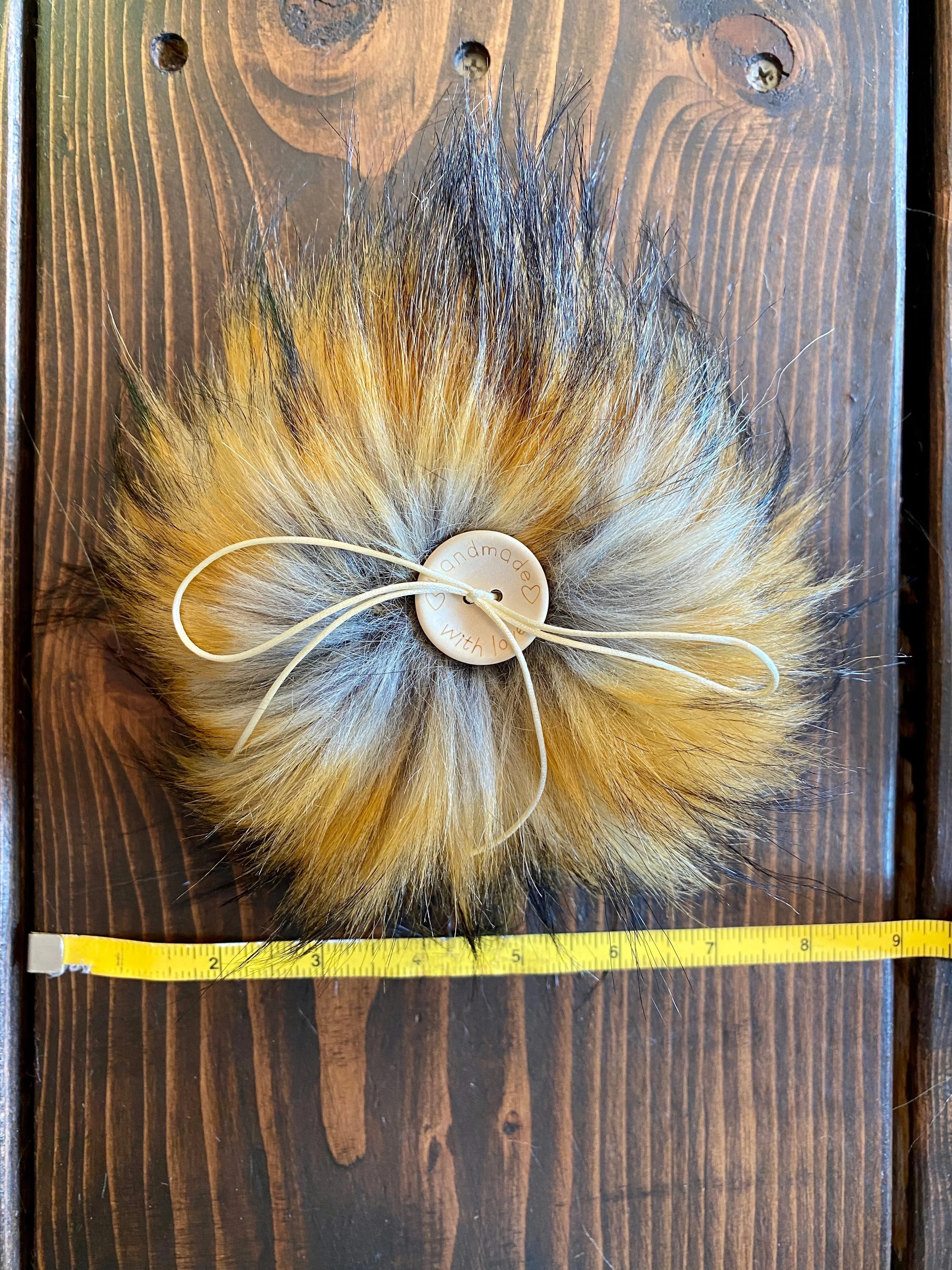 MADE TO ORDER Fun and funky brown gray with long dark brown tip faux fur pom pom with wooden button