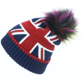 Union Jack Bobble Beanie Hat with Faux Fur Bobble - Purple & Green