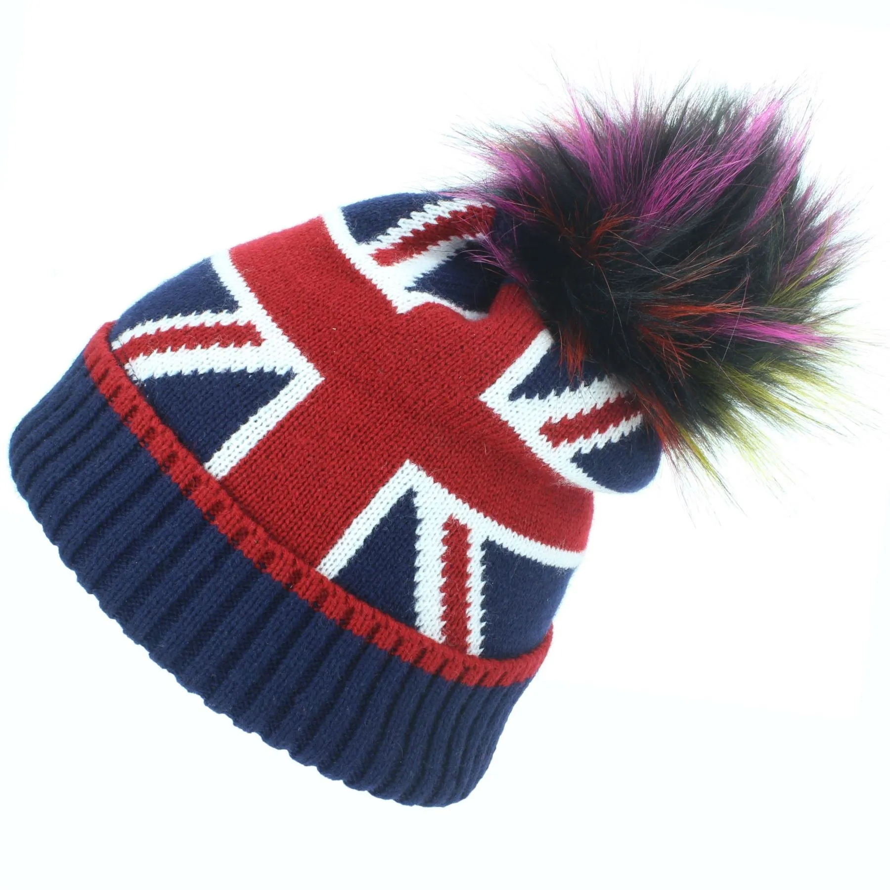 Union Jack Bobble Beanie Hat with Faux Fur Bobble - Purple & Green