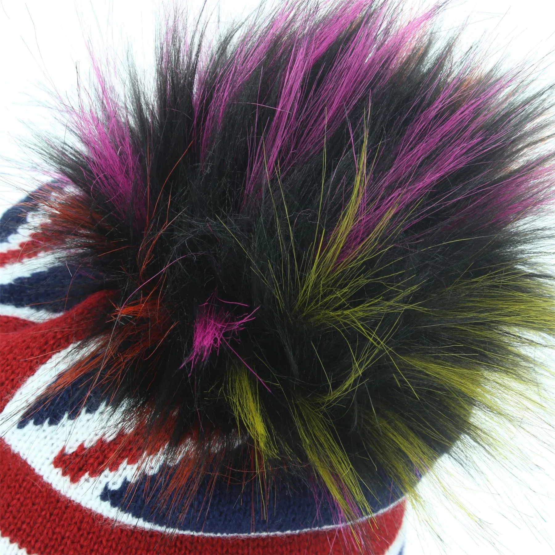 Union Jack Bobble Beanie Hat with Faux Fur Bobble - Purple & Green