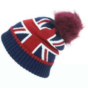 Union Jack Bobble Beanie Hat with Faux Fur Bobble - Red