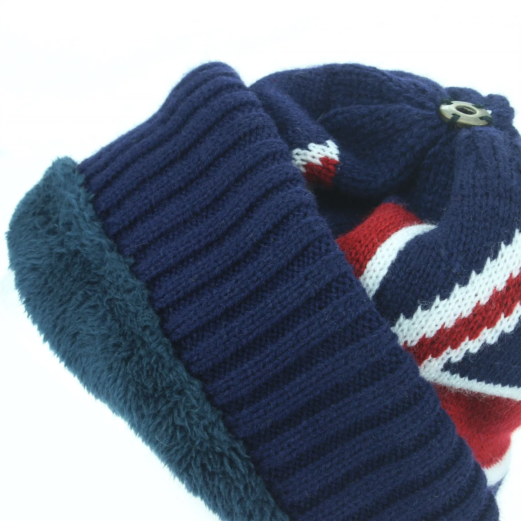 Union Jack Bobble Beanie Hat with Faux Fur Bobble - Red